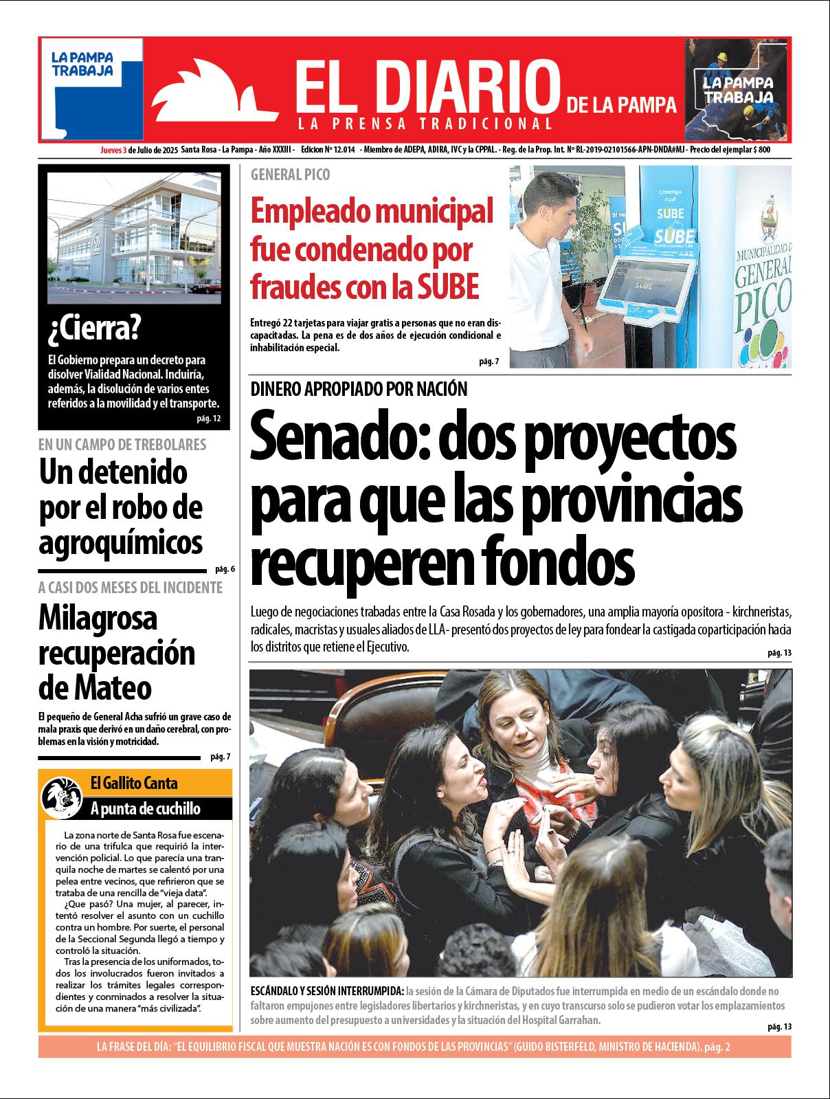 Tapa de El Diario en papel  jueves 03 de julio de 2025